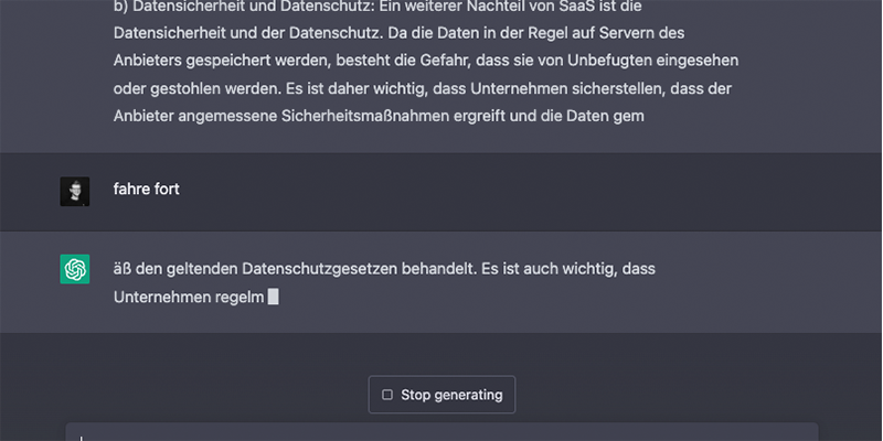 Ein Bild, das zeigt, wie ein Satz von ChatGPT mittendrin unterbrochen, durch einen Einwurf des Prompters.