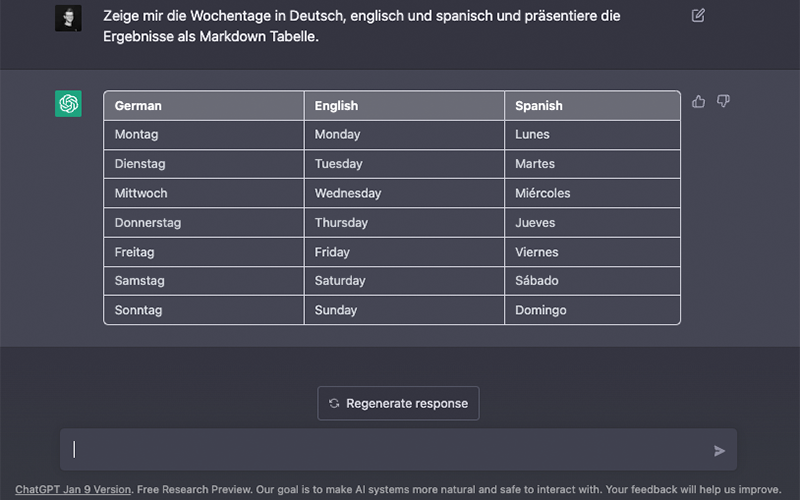 ChatGPT erstellt auf den Prompt hin eine Tabelle, wo die Wochentage in den drei verschiedenen Sprachen Deutsch, Englisch und Spanisch gelistet sind.