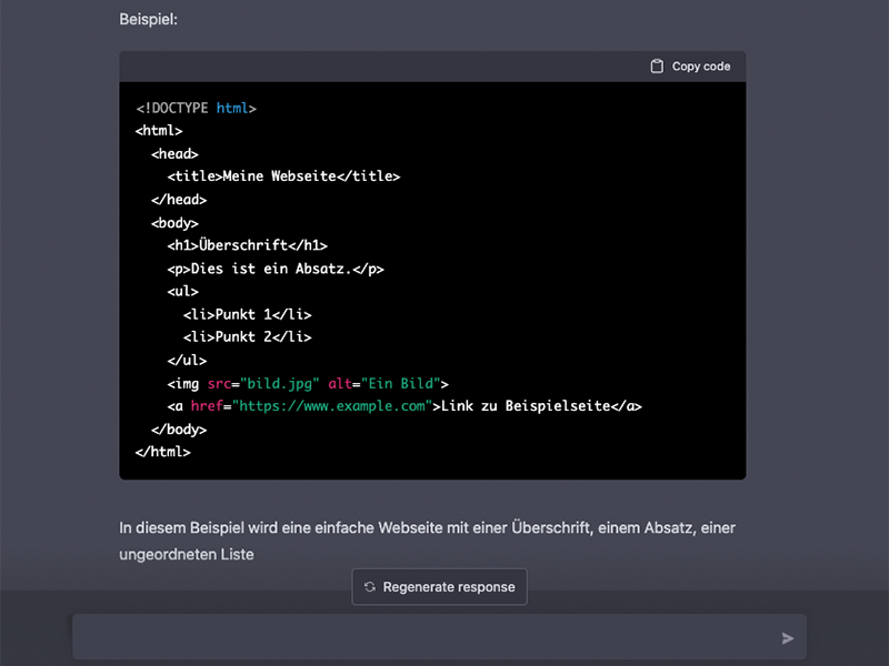Ein Code für eine einfache Webseite von ChatGPT erstellt.
